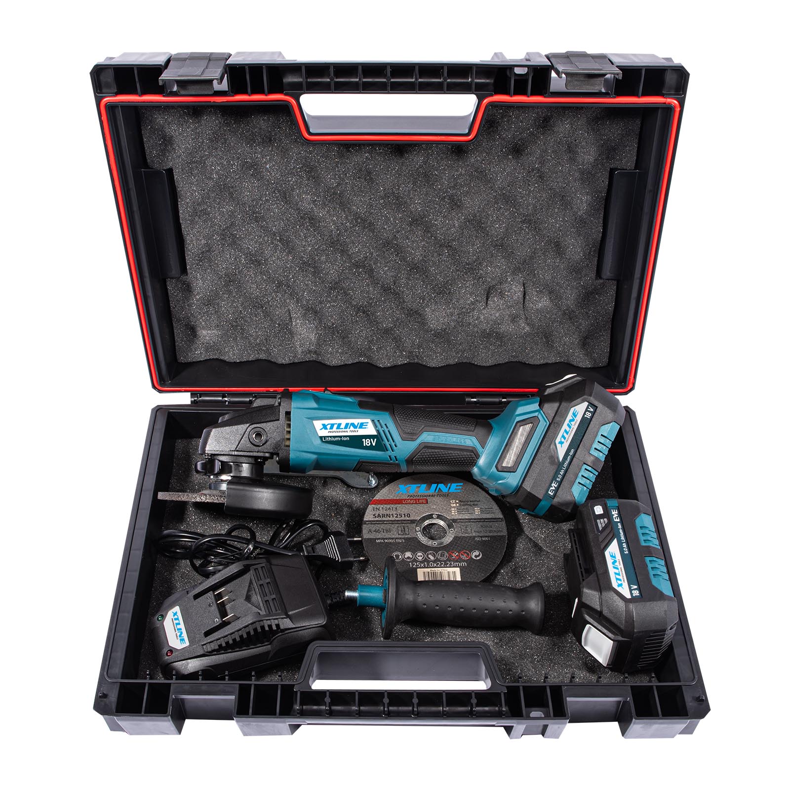 XTline Aku úhlová bruska bezuhlíková 18 V, 125 mm + 2 baterie 5.0 Ah + nabíječka 3.5 A + box