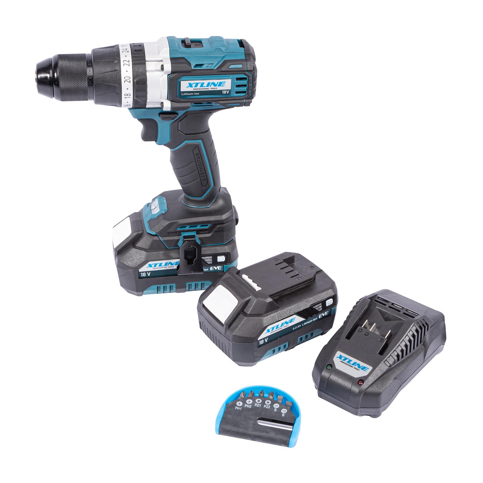 XTLINE Aku vrtačka s příklepem bezuhlíková 18 V, 70 Nm + 2 baterie 5.0 Ah + nabíječka 3.5 A + box