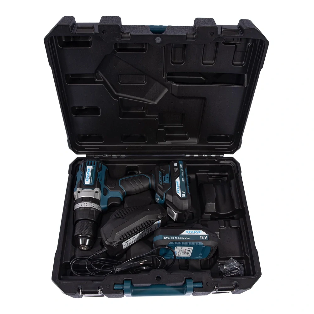 XTLINE Aku vrtačka s příklepem bezuhlíková 18 V, 70 Nm + 2 baterie 2.0 Ah + nabíječka 2.4A XT102861