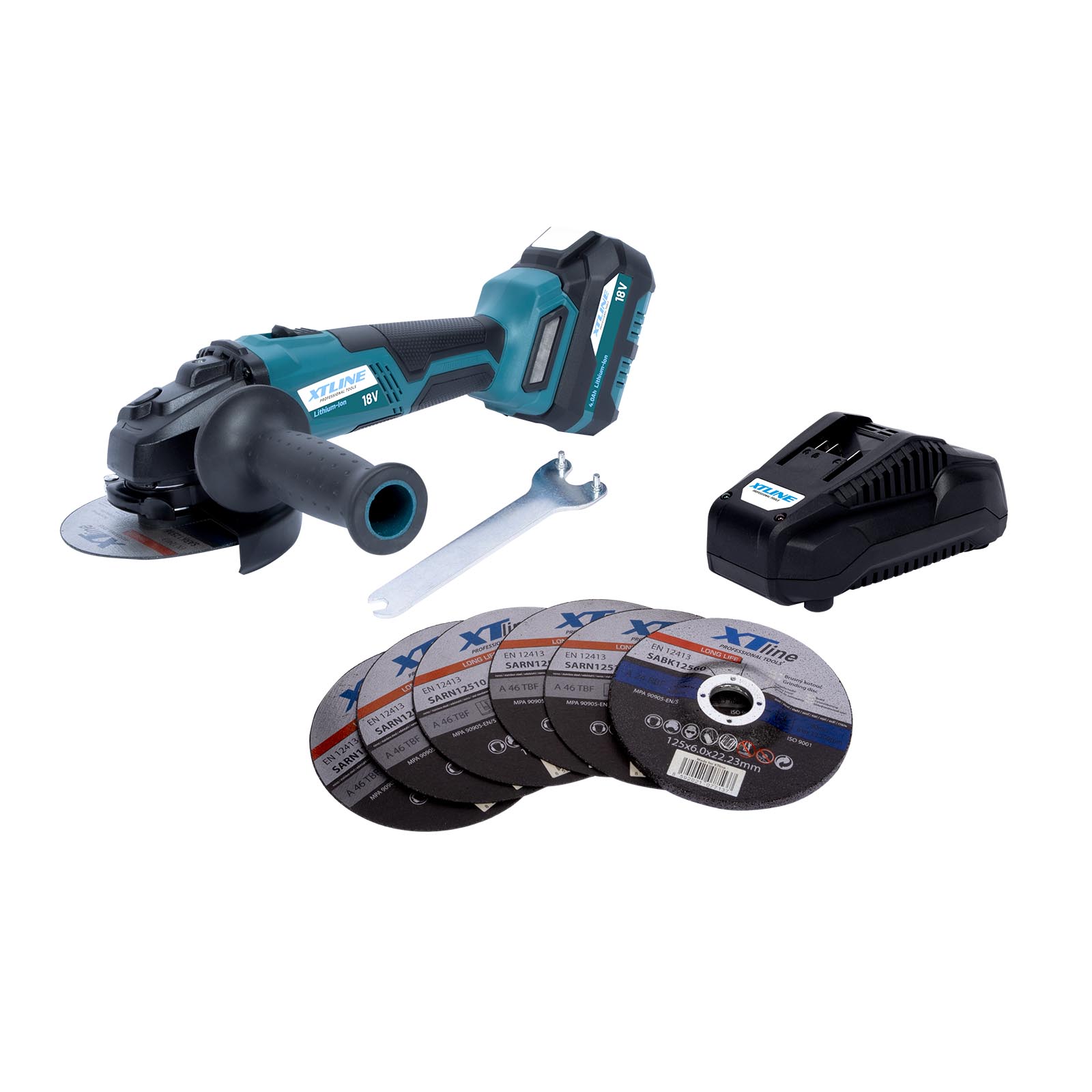 XTline Aku úhlová bruska bezuhlíková 125mm, 18V + baterie 5Ah+ nabíječka + box