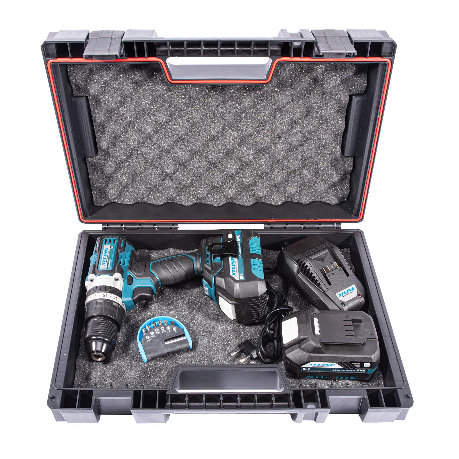 XTLINE Aku vrtačka s příklepem bezuhlíková 18 V, 70 Nm + 2 baterie 5.0 Ah + nabíječka 3.5 A + box