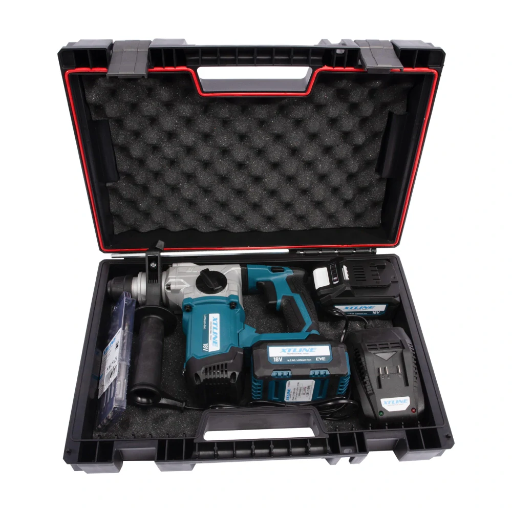 XTLINE Aku kombinované pneumatické kladivo SDS PLUS bezuhlíkové 18 V + 2 baterie 5.0 Ah + sada vrtáků + nabíječka 3.5 A + box