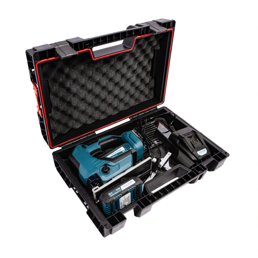 XTLINE Aku přímočará pila bezuhlíková 18 V + baterie 2.0 Ah + nabíječka 2.4 A + pilové plátky + box
